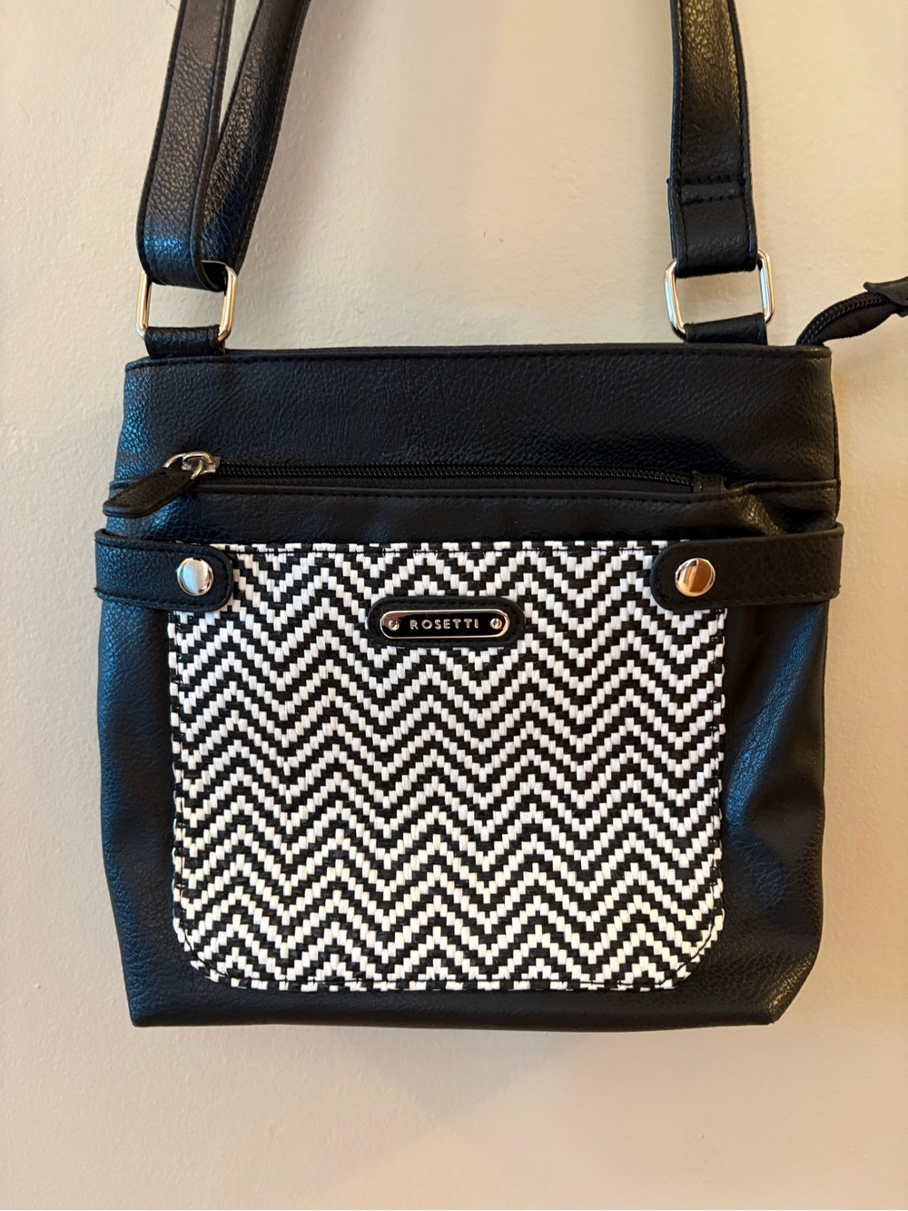 Rosetti Smaller Black Vegan Crossbody Purse Chevron Pattern Pocket.